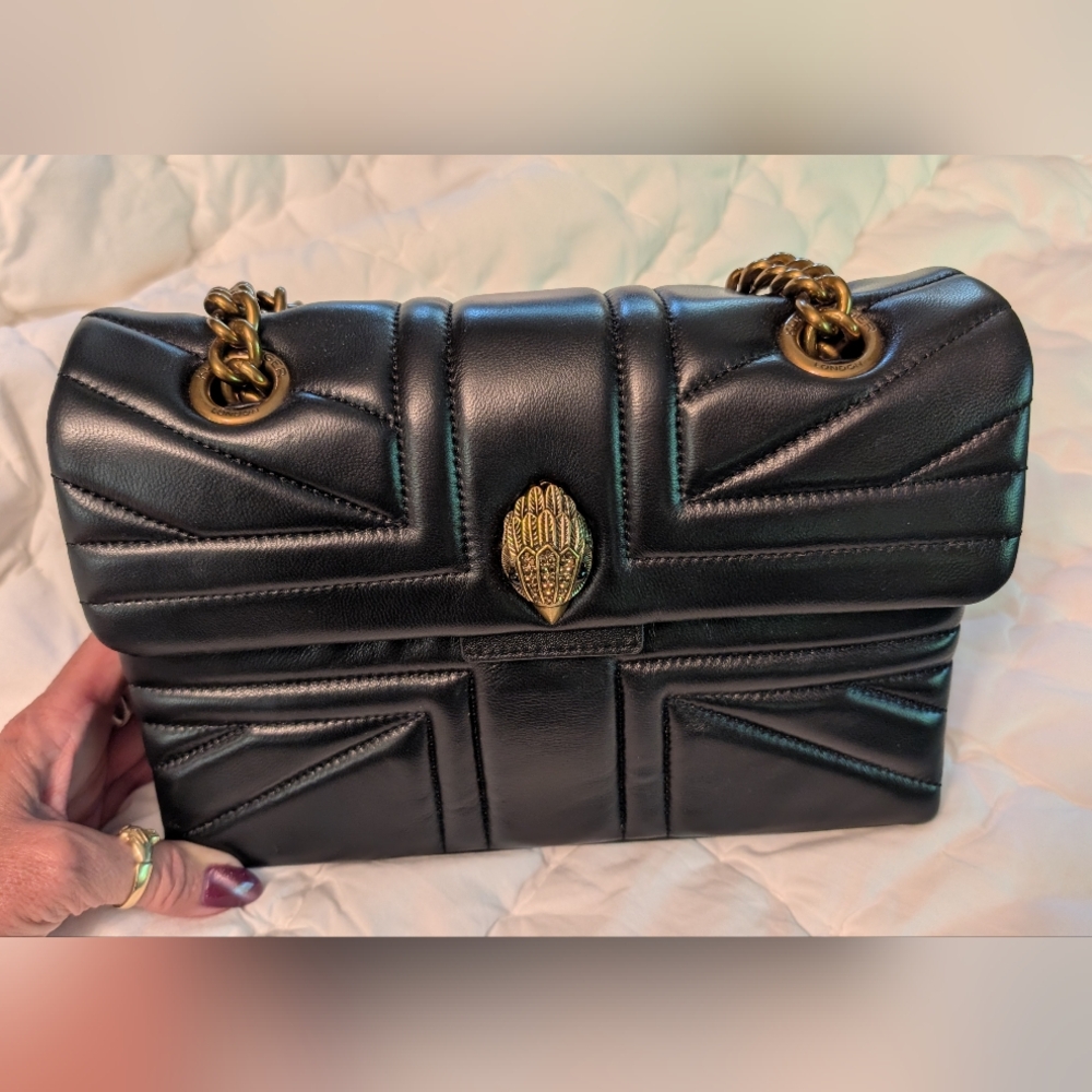 Kurt Geiger Black Leather KENSINGTON UNION JACK Shoulder Bag with Gold Chain